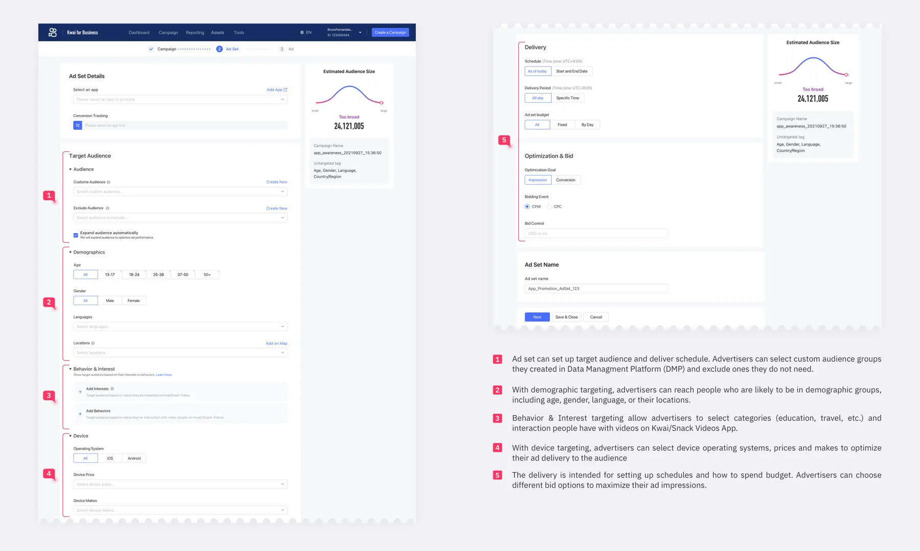 Annotated ad set creation screens