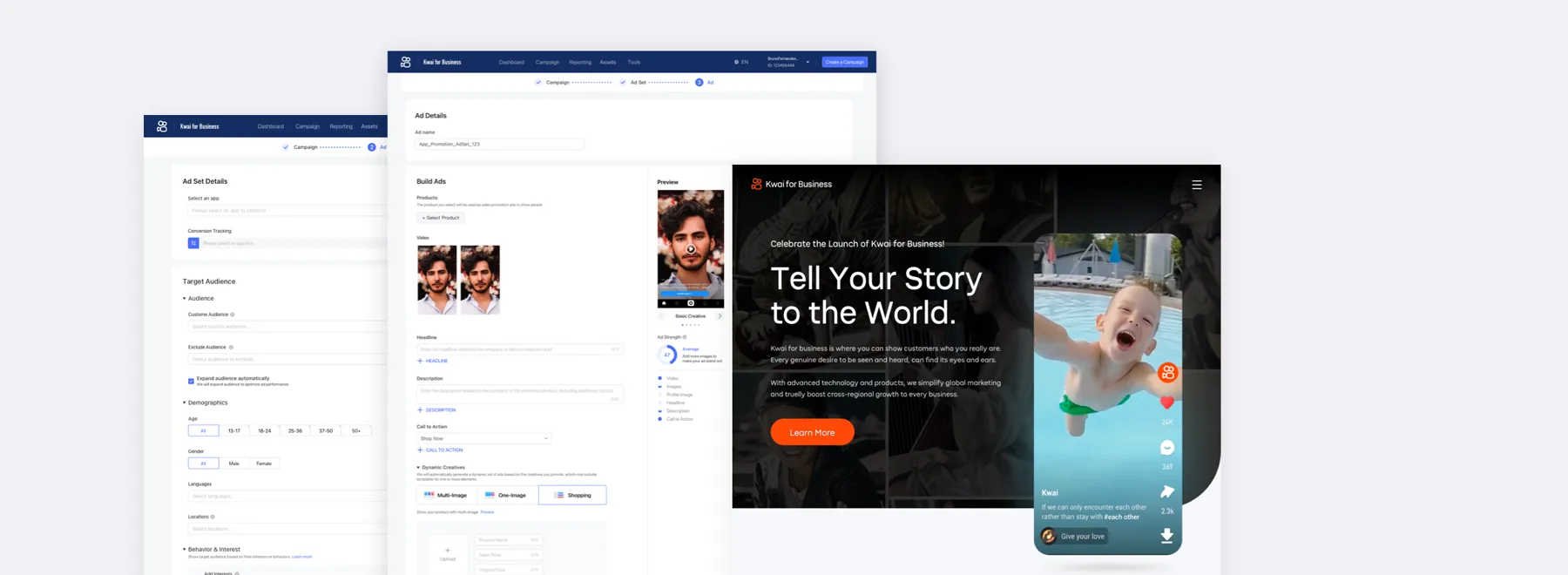 Kwai for Business ads manager dashboard beside a 'Tell Your Story to the World' landing page