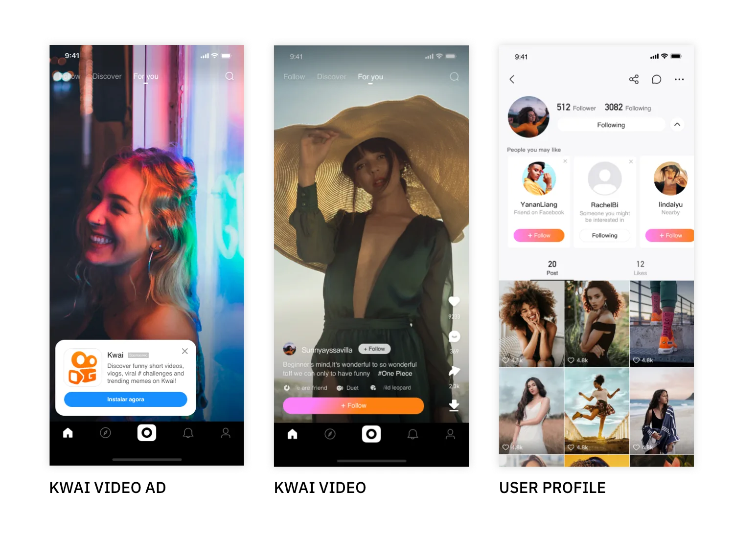Three phone screens: a Kwai video ad, a Kwai video and a user profile