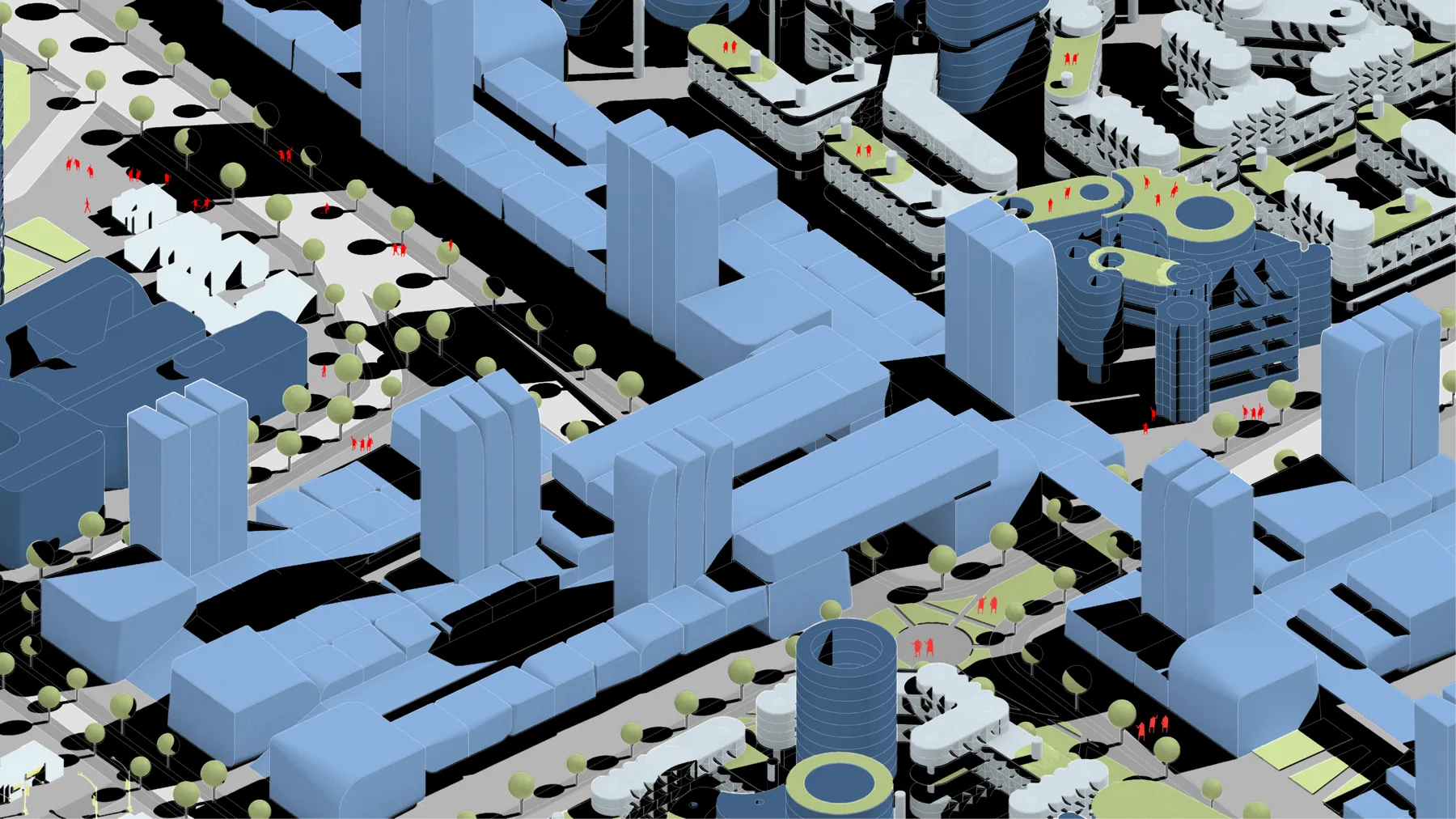 Axonometric render of blue towers, plazas and trees around the station