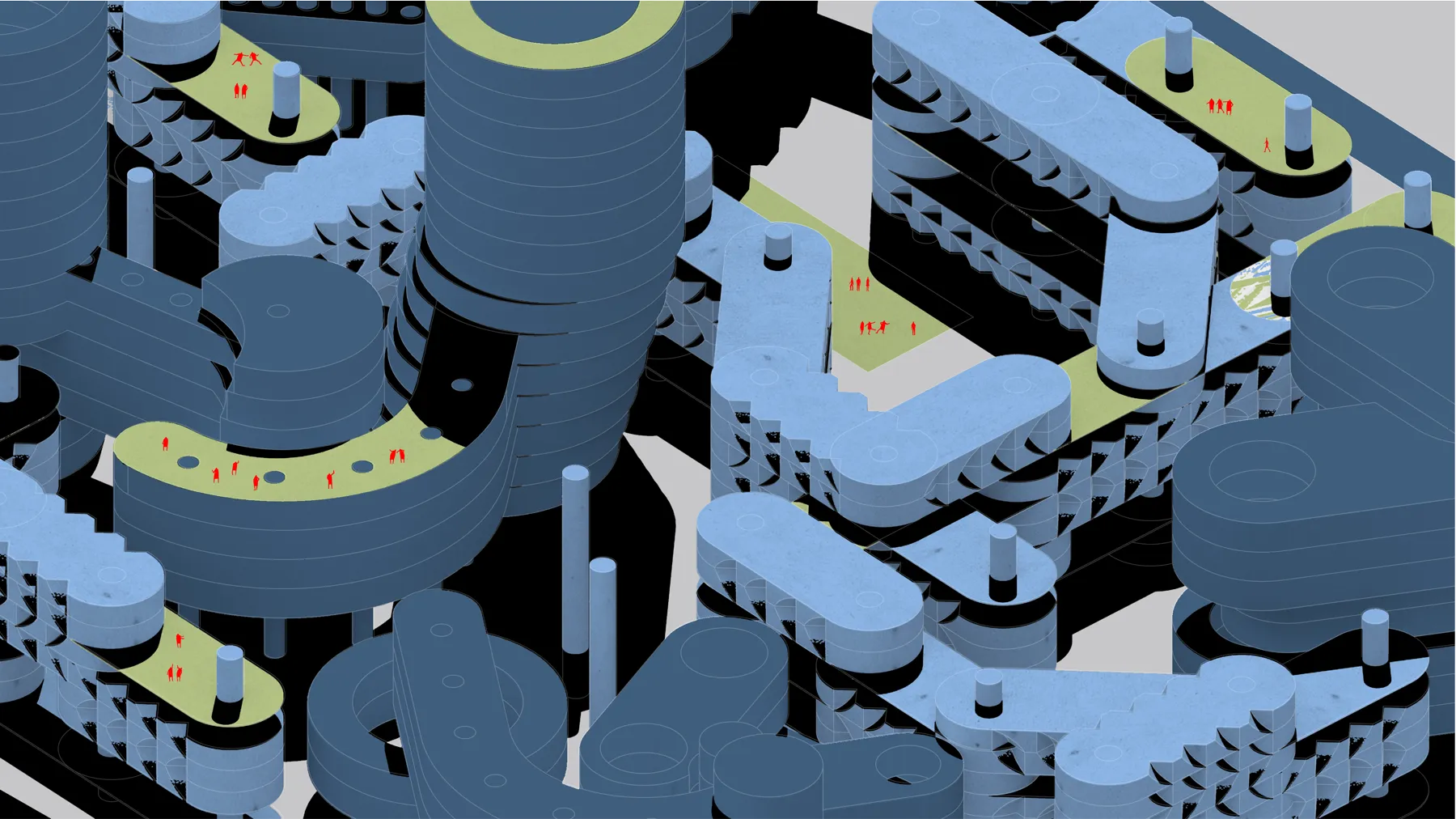 Stage one axonometric of co-living blocks
