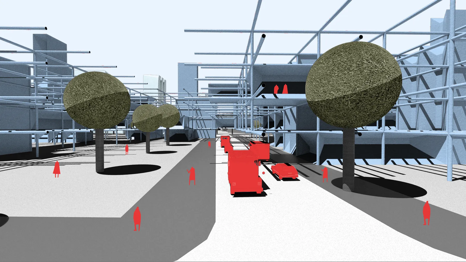 Street-level render of a civic plaza with trees and people