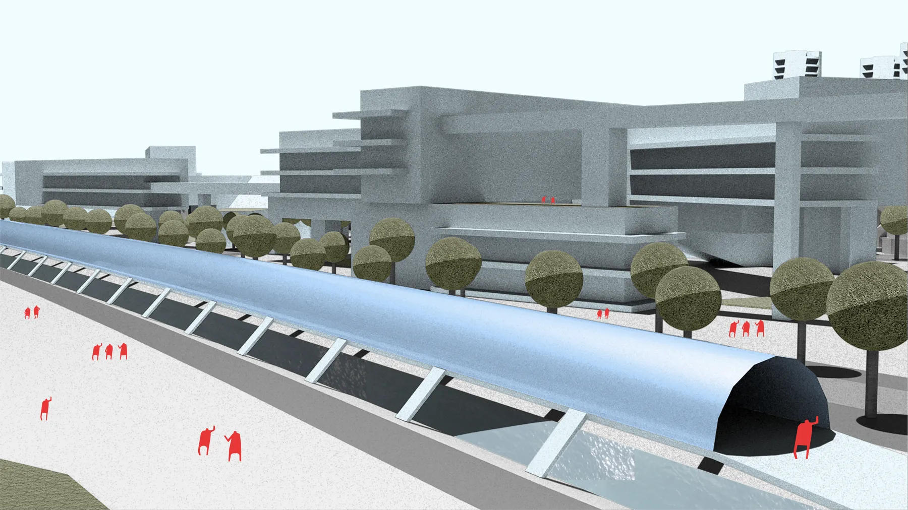 Covered pedestrian walkway along the transit line
