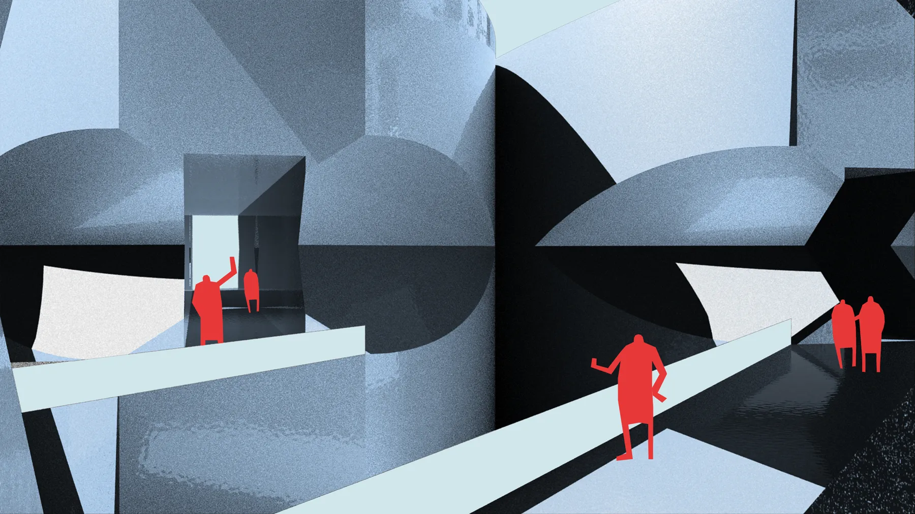 Interior render of interlocking curved spaces with figures
