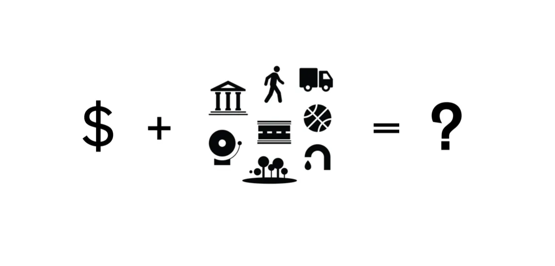 Diagram: money plus civic programs equals a question mark